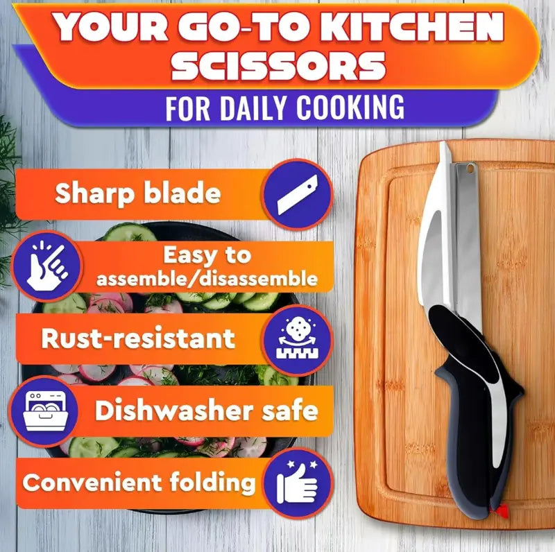 2 in 1 Kitchen Scissors for Food - Stainless Steel Cutting Board Scissors with Safety Lock