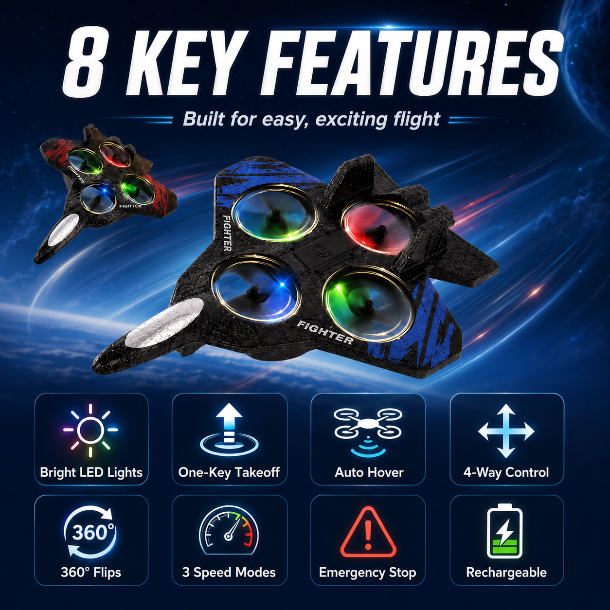Popular kids RC flying toy, durable EVA foam fighter jet with multiple flying modes.