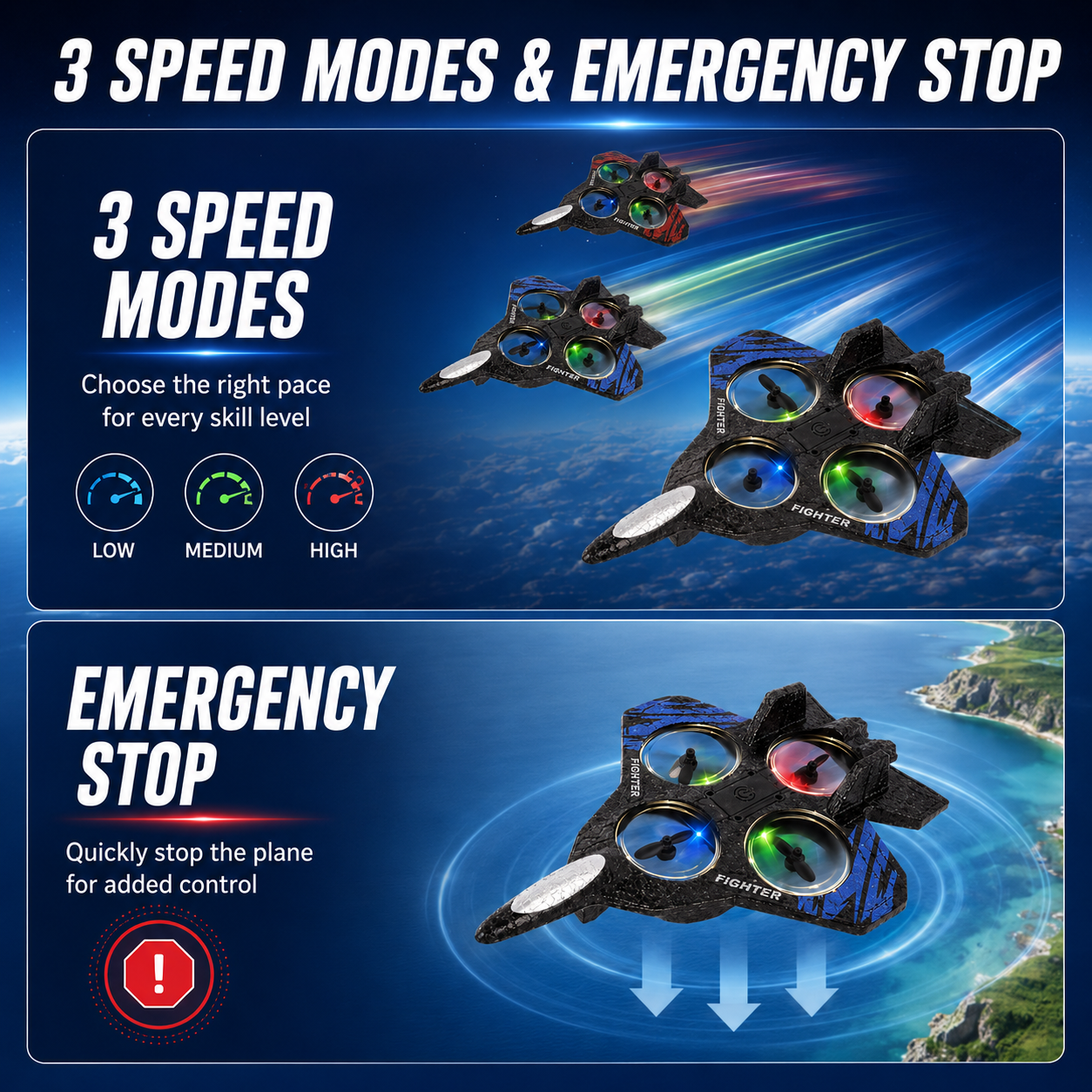 Popular kids RC flying toy, durable EVA foam fighter jet with multiple flying modes.